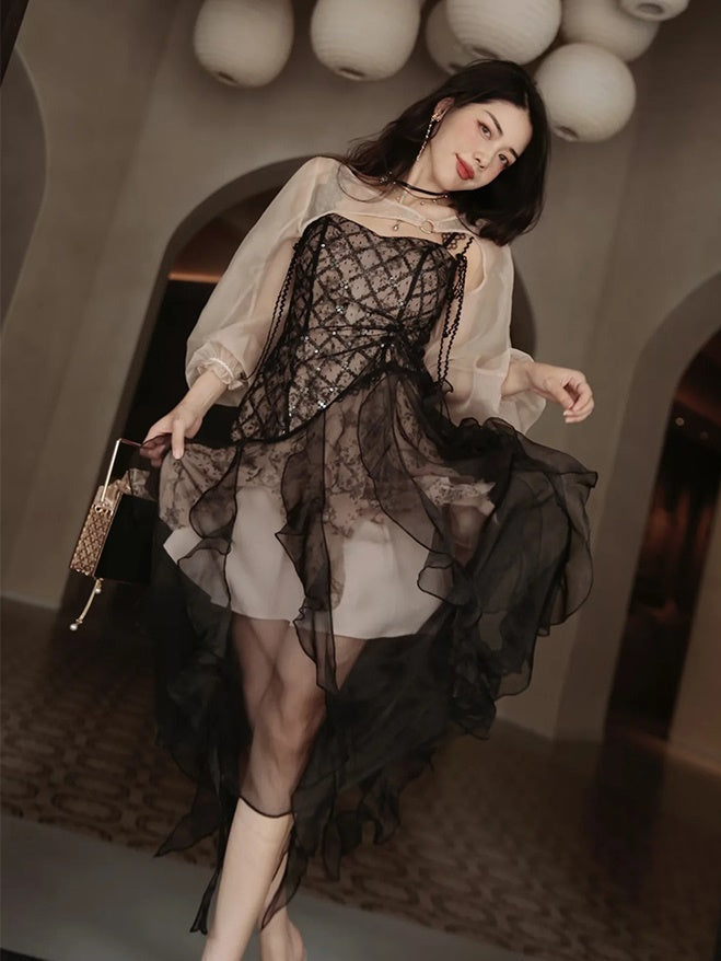 Irregular Frill Stitch Lace Sheer Sling Dress
