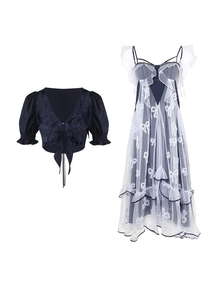 Butterfly Embroidered Ribbon Fake Two-Piece Dress & Cardigan