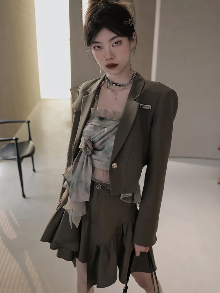 Short Jacket &Asymmetry Culottes & Tube Top & T-shirt