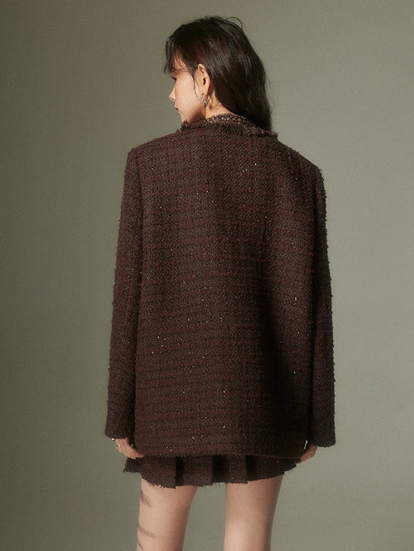 Rivet Glitter Tweed No-Collar Jacket & Pleated Skirt