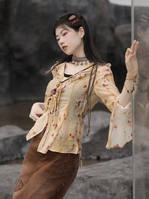 Floral Printed Strap Fake Layered Dress & Shirt