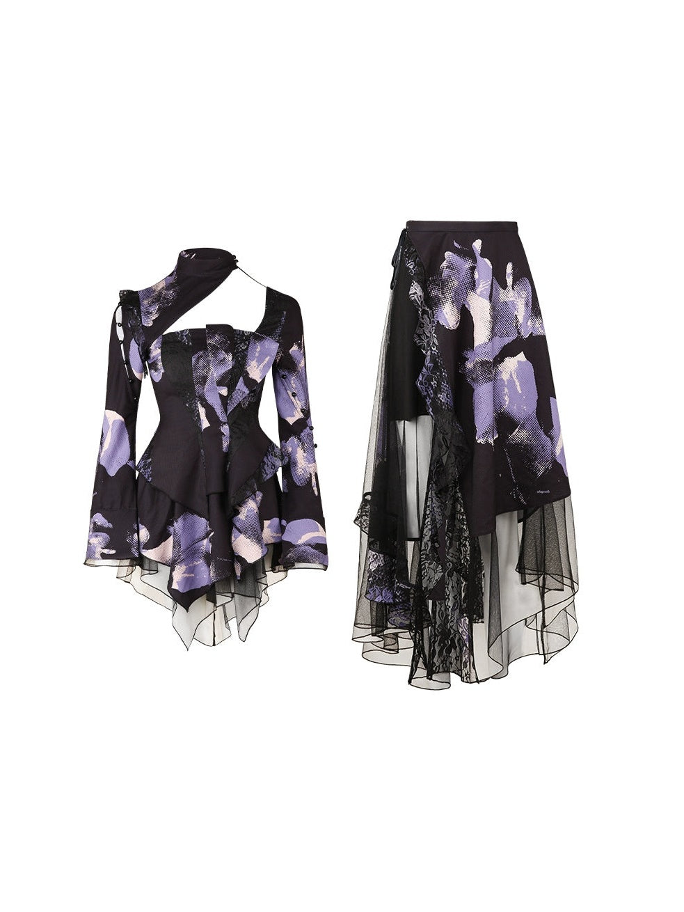 Modern Print Hollow Slim Waist Top & Fishtail Drape Skirt Set-up