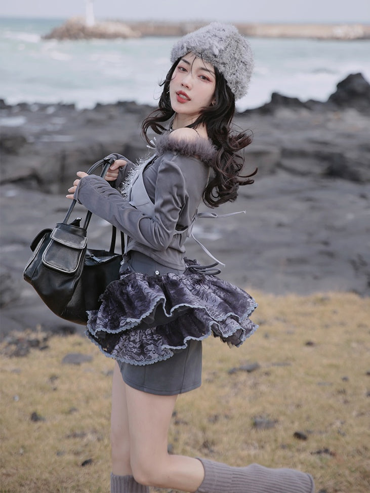 Fur Collar Top & Halter-neck Vest & Cut Lace Skirt