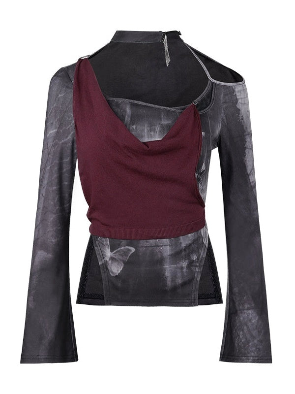 Punk Style Layered Design Top & Butterfly Mermaid Skirt