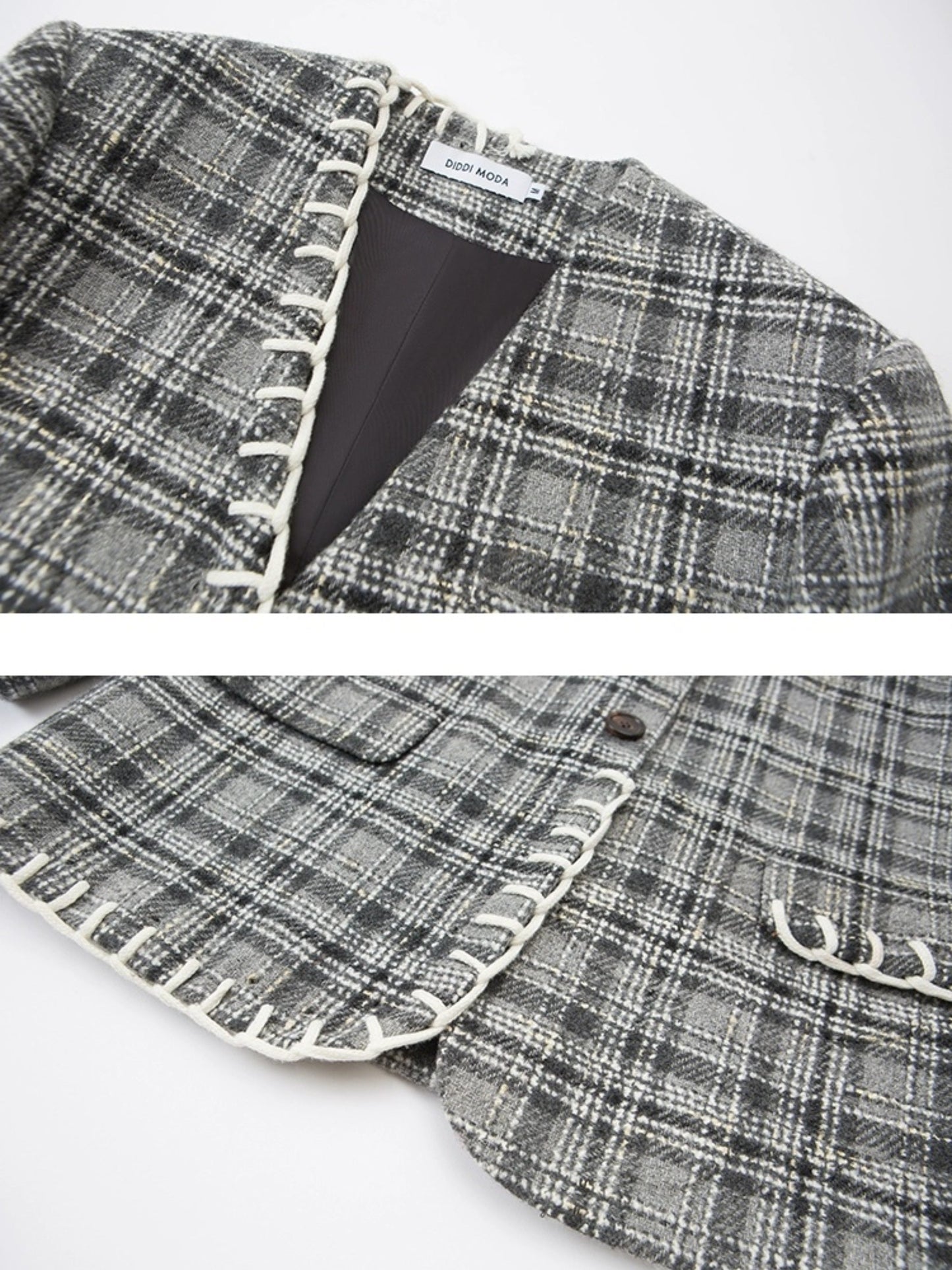 Woven Plaid No-Collar Jacket & Vest & Pleated Skirt