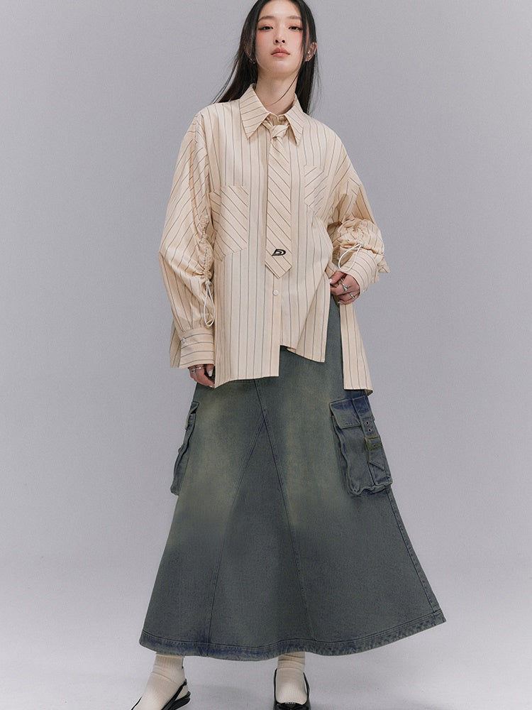 Washed Old Denim A-Line Long Skirt