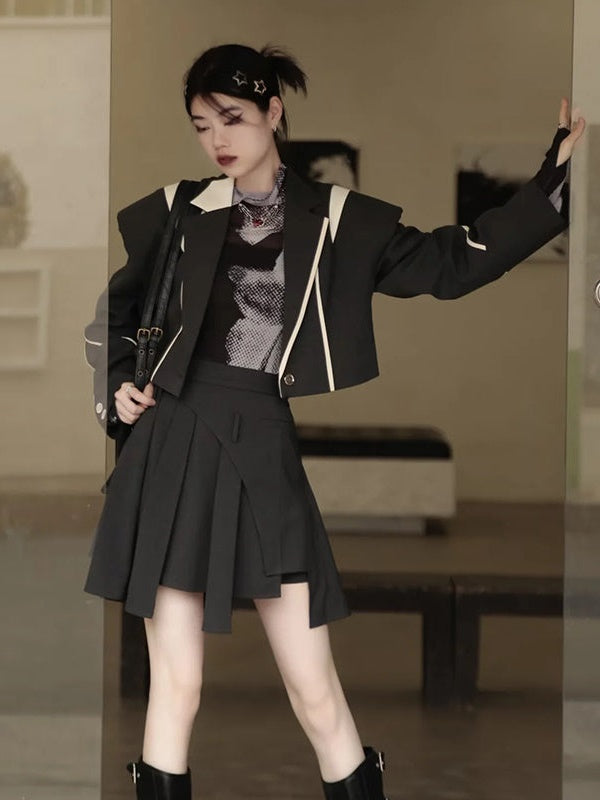 Plaid Wide Shoulder Jacket & Pleated Skirt Pants
