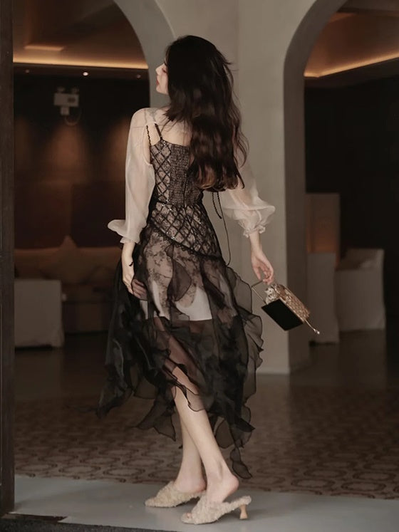 Irregular Frill Stitch Lace Sheer Sling Dress
