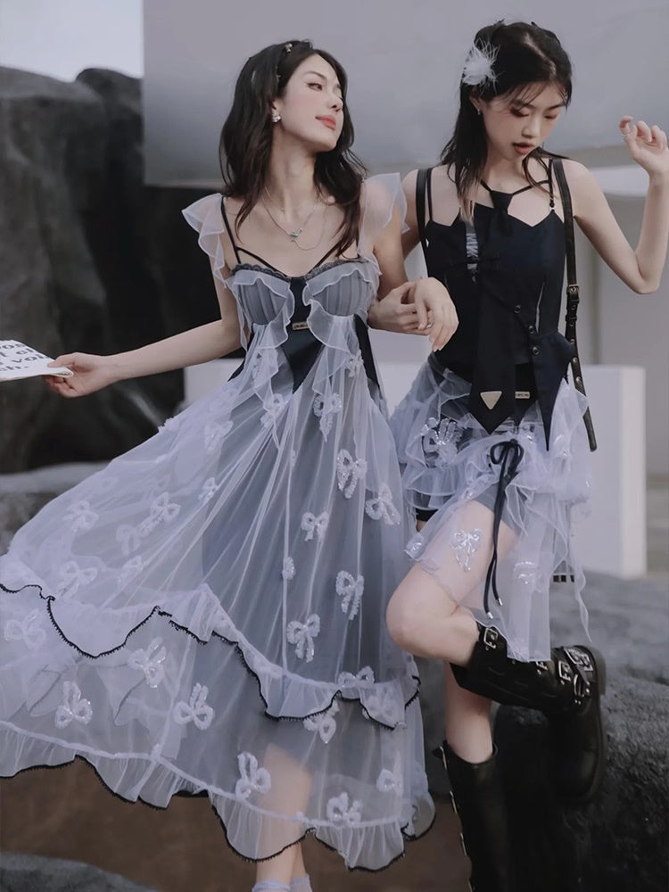 Butterfly Embroidered Ribbon Fake Two-Piece Dress & Cardigan