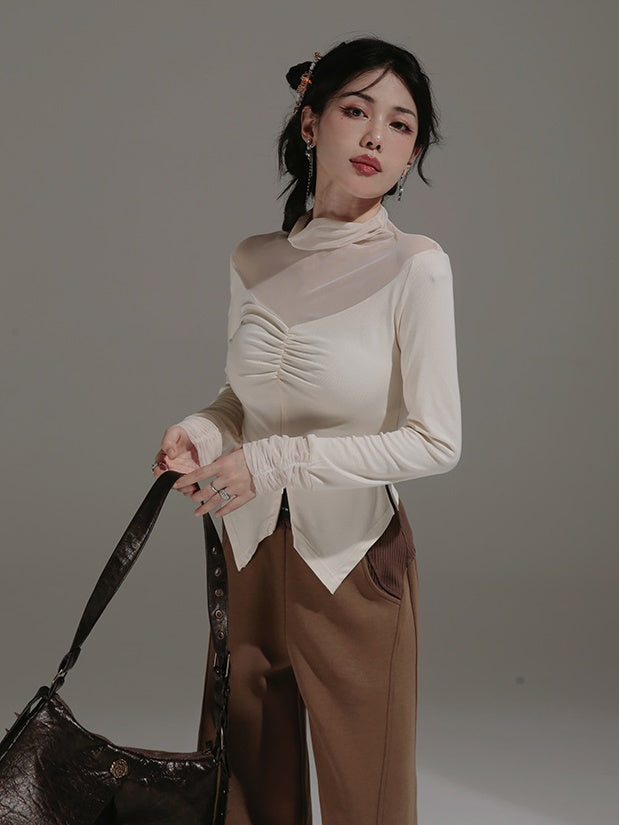 Half High Neck Sheer Switching Bottoming Top