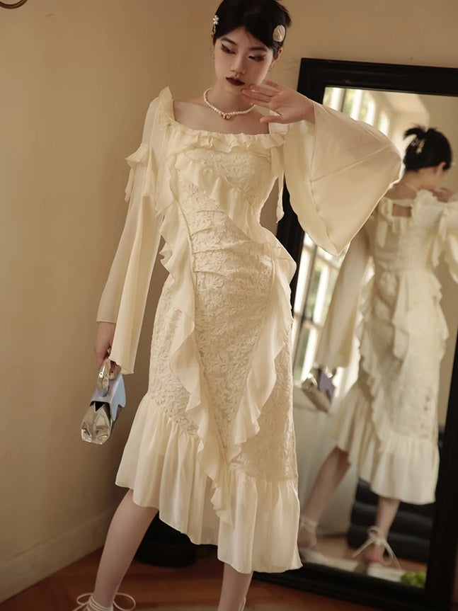 Asymmetry Ruffle Fairy Embroidered Fishtail Dress