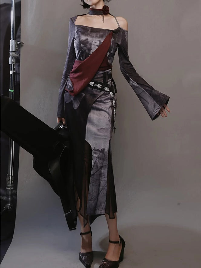 Punk Style Layered Design Top & Butterfly Mermaid Skirt