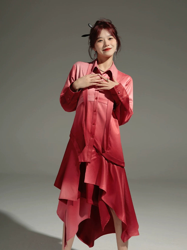 Gradation Detachable 2way Shirt Dress & Knitted Vest
