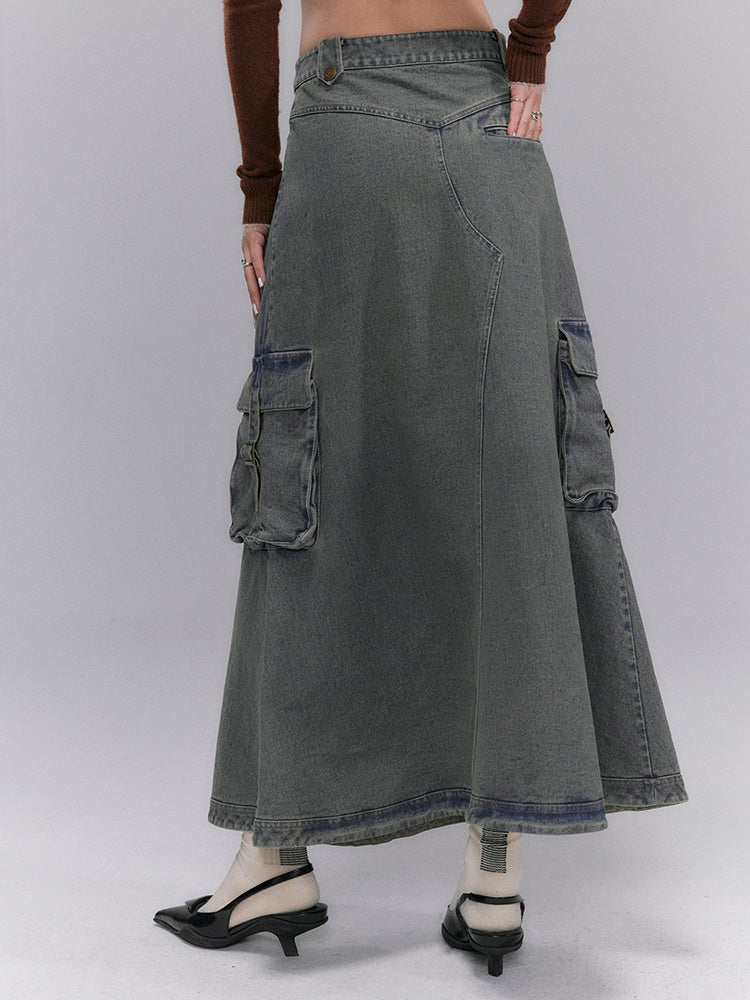 Washed Old Denim A-Line Long Skirt