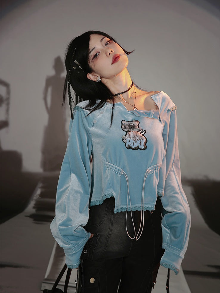 Loose Velvet Beaded Cat Top