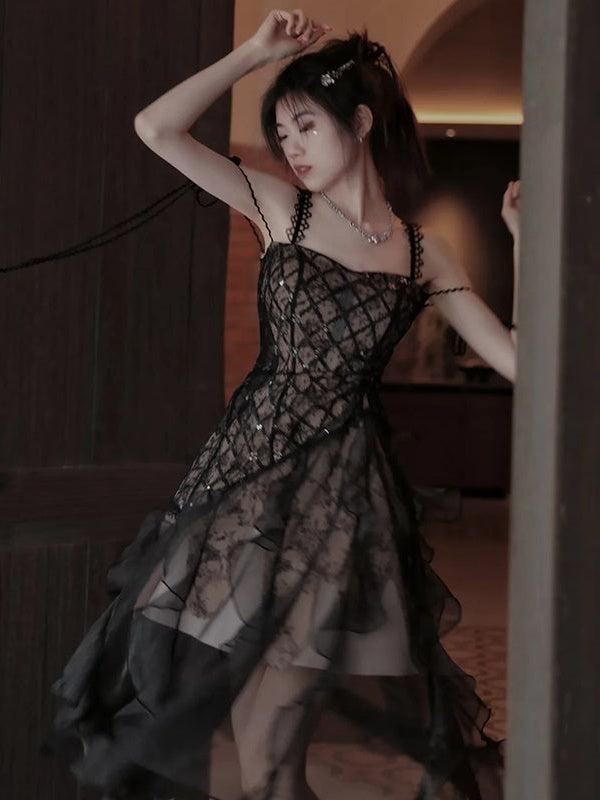 Irregular Frill Stitch Lace Sheer Sling Dress