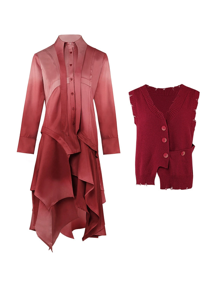 Gradation Detachable 2way Shirt Dress & Knitted Vest