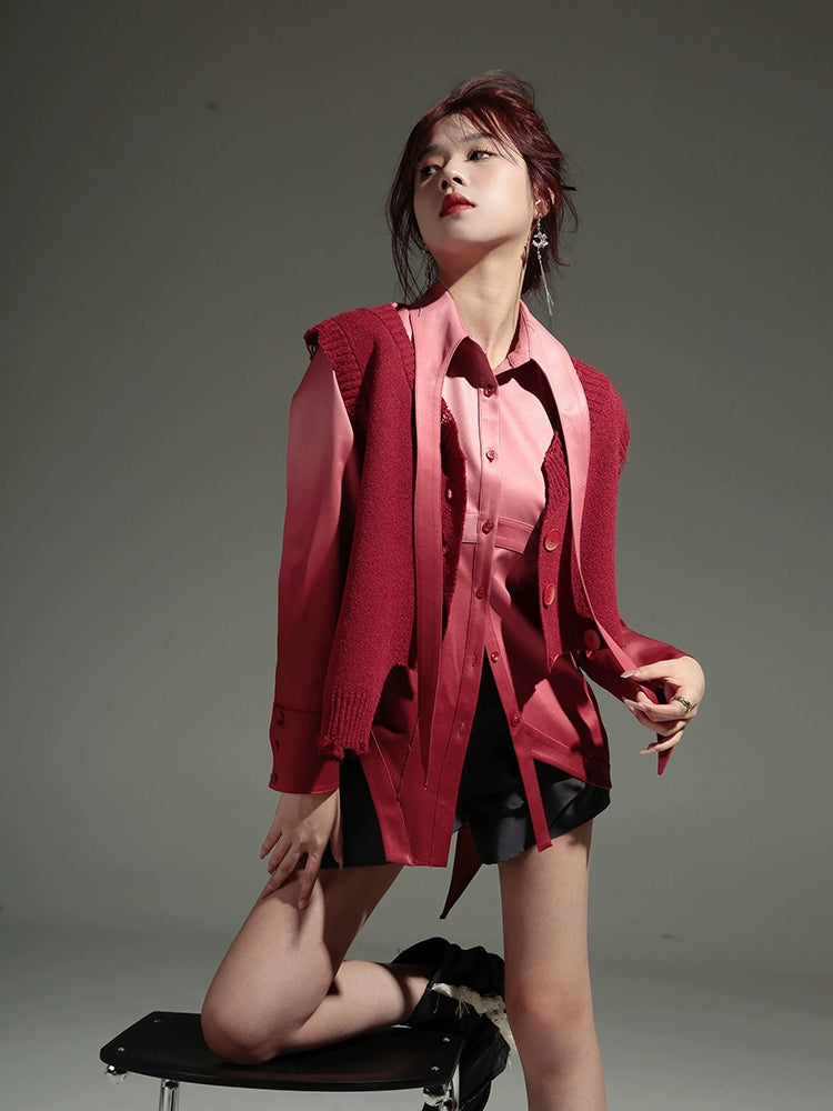 Gradation Detachable 2way Shirt Dress & Knitted Vest