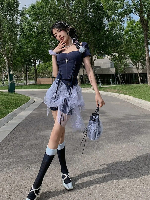 Embroidery Slim Short T-shirt & Camisole & Ribbon Culottes & Bubble Skirt