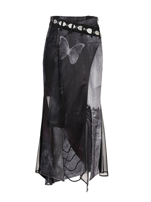 Punk Style Layered Design Top & Butterfly Mermaid Skirt