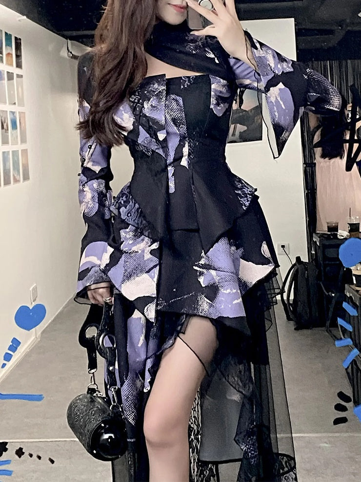 Modern Print Hollow Slim Waist Top & Fishtail Drape Skirt Set-up