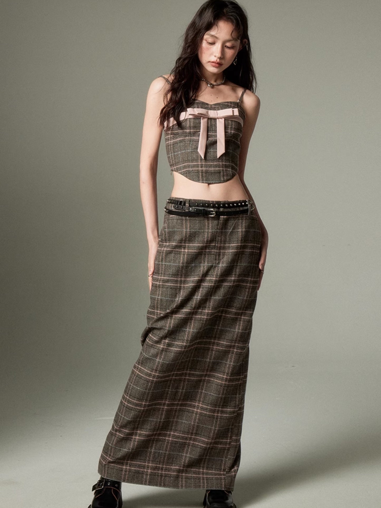 Plaid Bow Cropped Camisole & Long Skirt