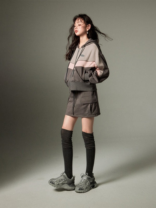 Sports Style ZIP-up Hoodie & A-Line Skirt
