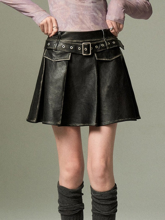 Retro Leather Pleated Skirt