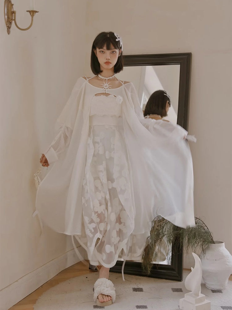Jacquard Slip Bud Dress & Sheer Cardigan & Accessory