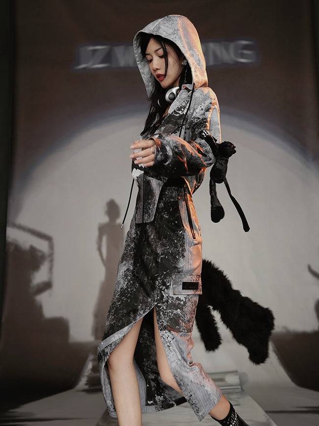 Graffiti Print Parka & Camisole Set & Cutout Pants & Slit Skirt