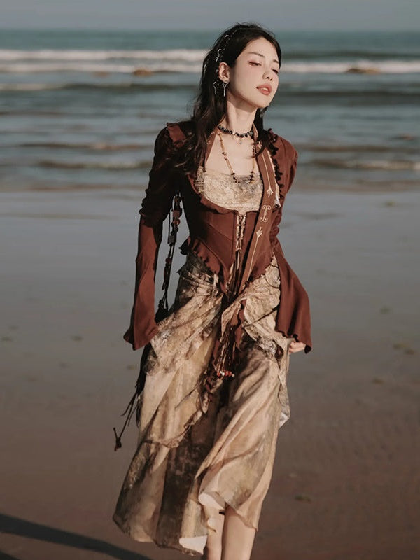 Classical Aesthetics Printed Lace Dress & Waist Slim Cardigan