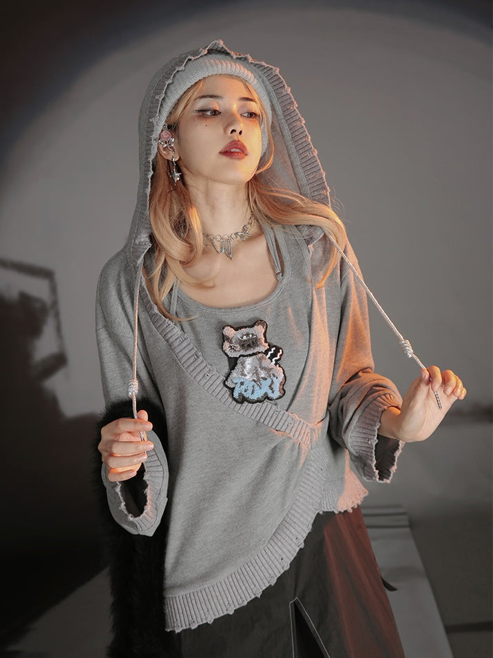 Cat Design Layered Style Loose Top & Switching Design One-piece
