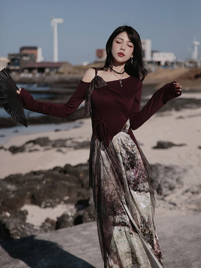 One-Shoulder Switching Forest Dress & Velvet Cape