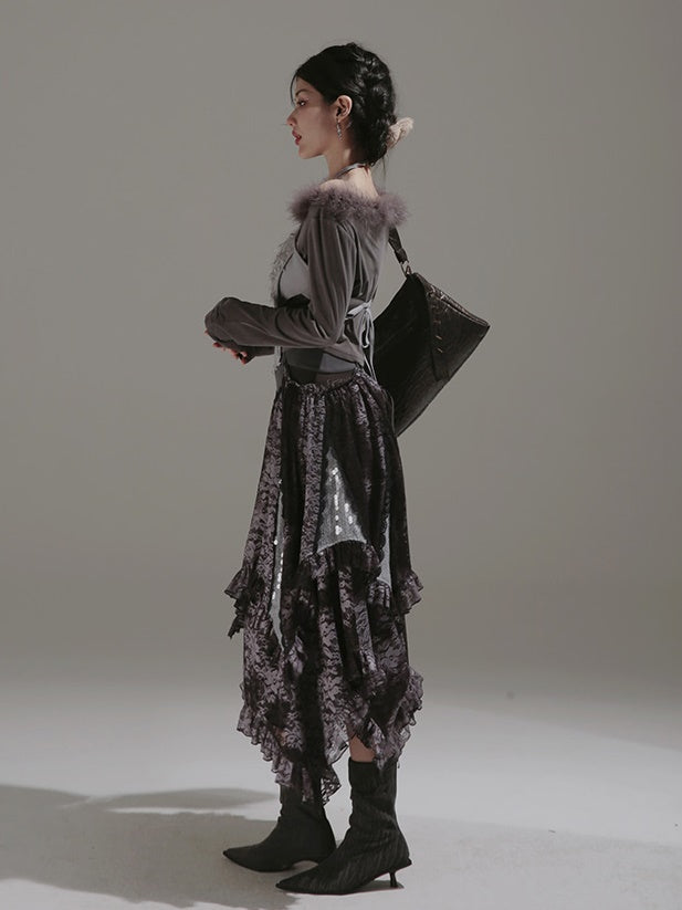 Fur Collar Top & Halter-neck Vest & Cut Lace Skirt