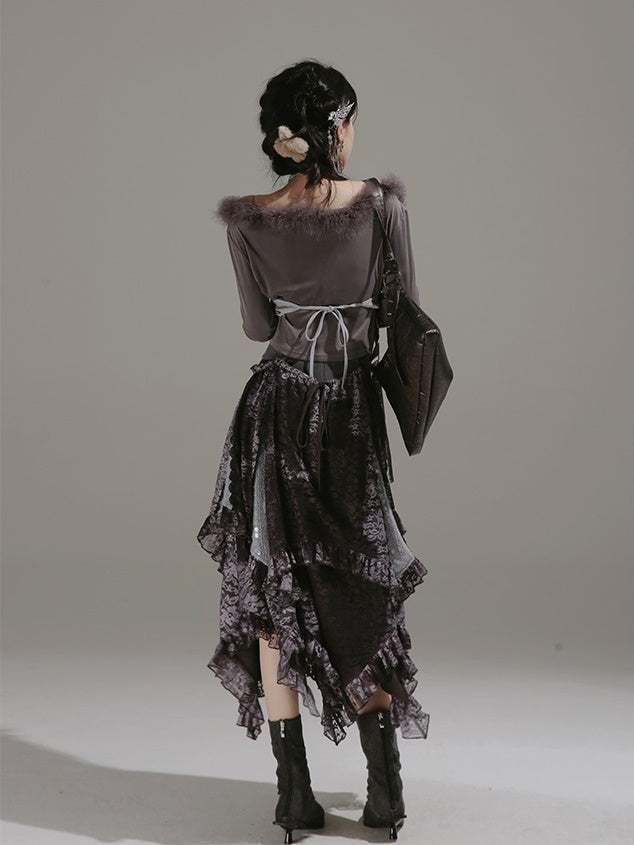 Fur Collar Top & Halter-neck Vest & Cut Lace Skirt