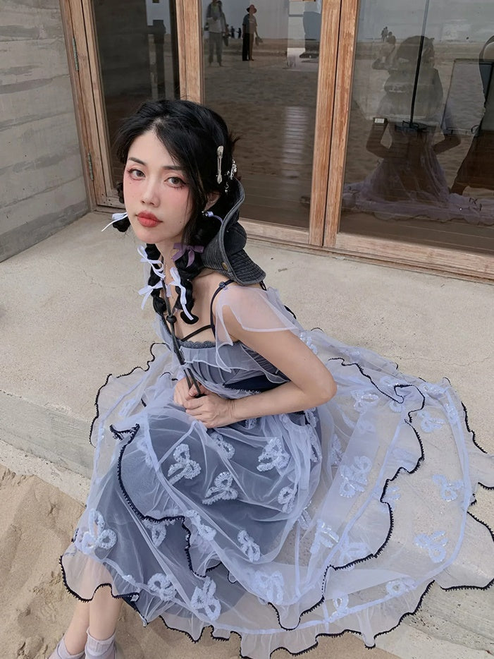 Butterfly Embroidered Ribbon Fake Two-Piece Dress & Cardigan