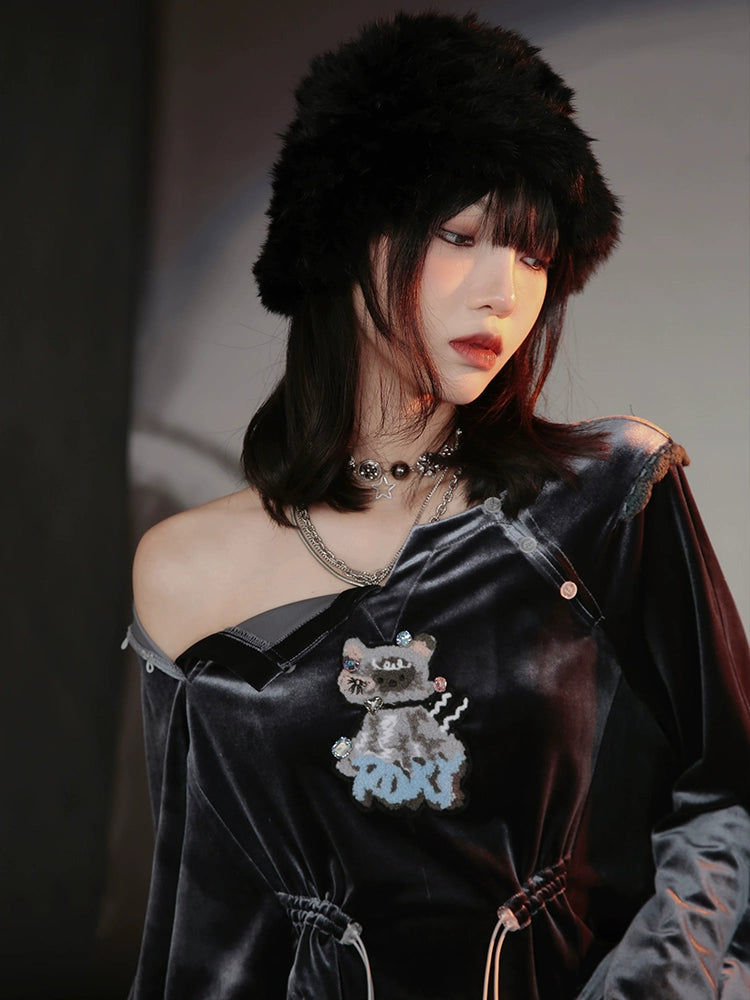 Loose Velvet Beaded Cat Top