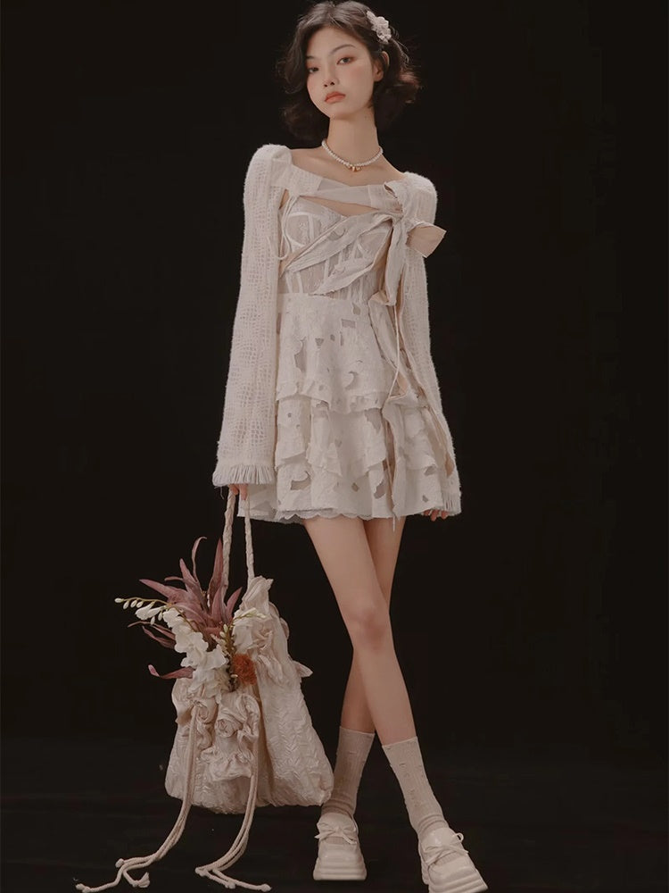 Butterfly Jacquard Dress & Short Cardigan