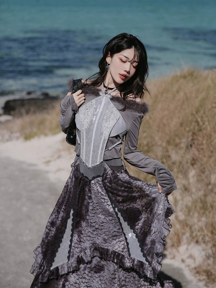 Fur Collar Top & Halter-neck Vest & Cut Lace Skirt