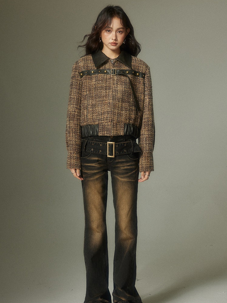Plaid Splicing Leather Small Fragrant Style Jacket