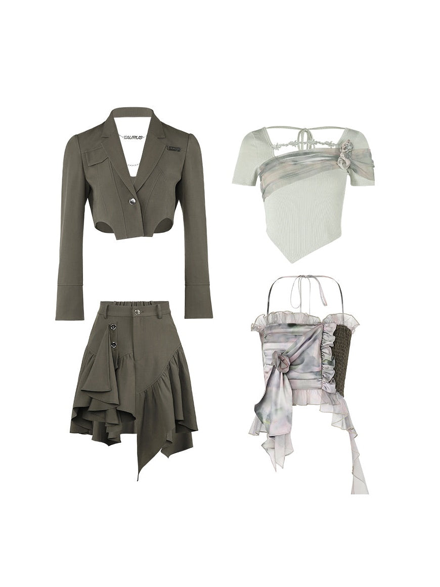 Short Jacket &Asymmetry Culottes & Tube Top & T-shirt