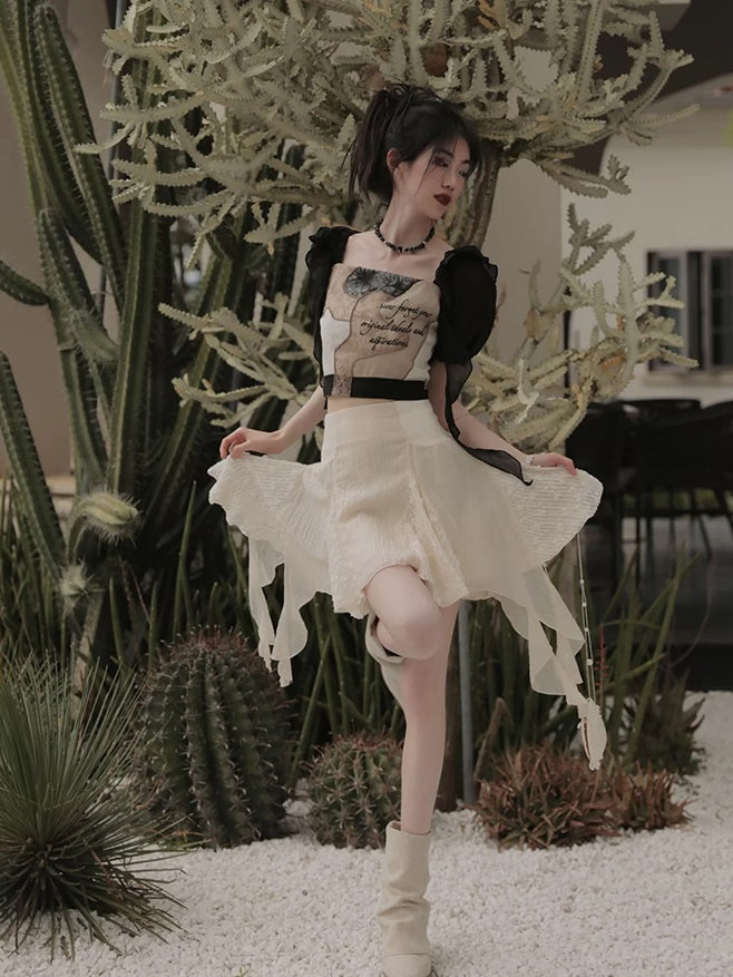 European-style Lace Embroidery Top & Pleat Skirt
