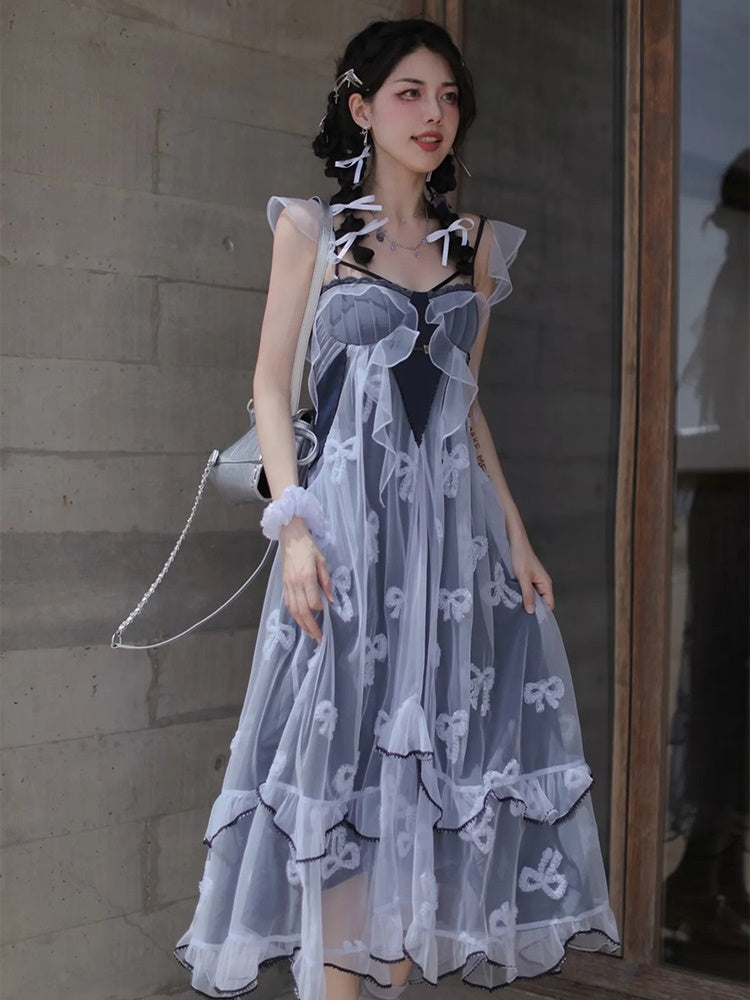 Butterfly Embroidered Ribbon Fake Two-Piece Dress & Cardigan