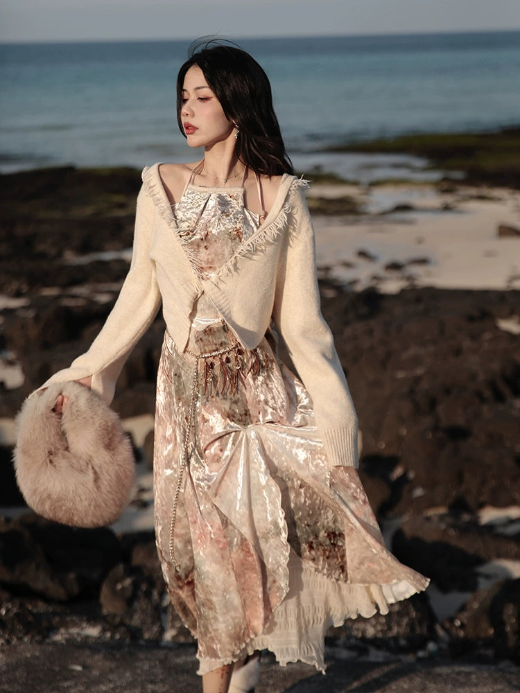 Velvet Print Halter-neck Vest & Layered Design Skirt & Chain Belt & Knitted Hooded Cardigan