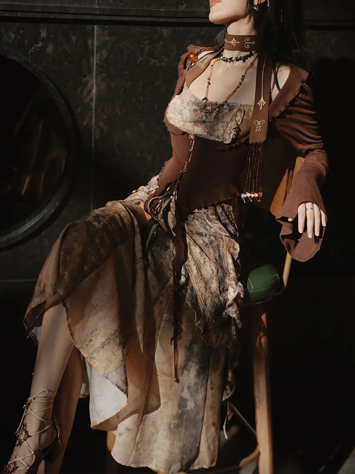 Classical Aesthetics Printed Lace Dress & Waist Slim Cardigan