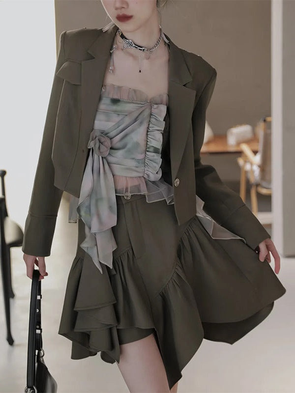 Short Jacket &Asymmetry Culottes & Tube Top & T-shirt
