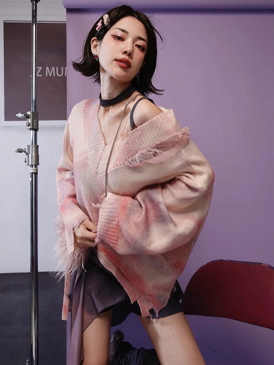 Gradation V-neck Loose Sweater & Camisole
