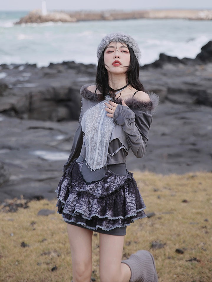 Fur Collar Top & Halter-neck Vest & Cut Lace Skirt