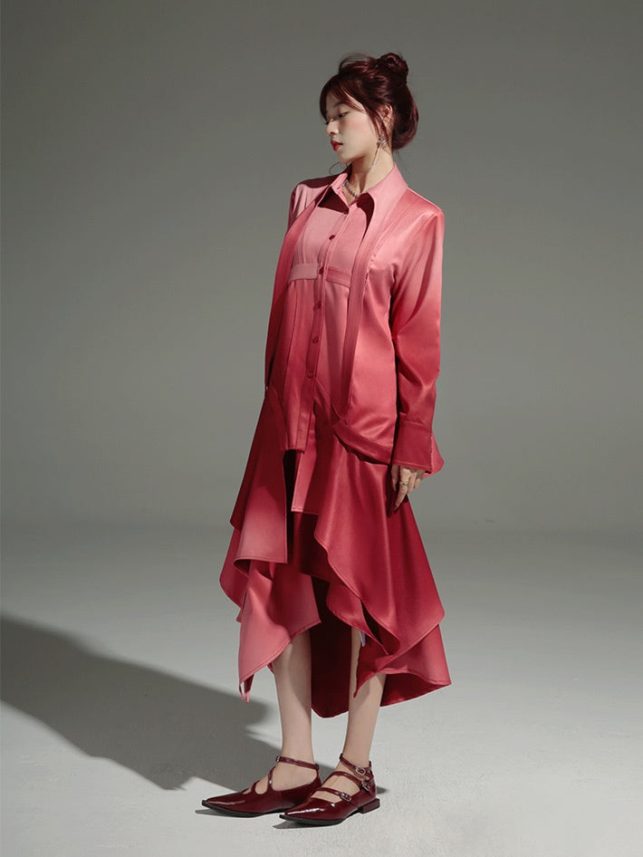 Gradation Detachable 2way Shirt Dress & Knitted Vest