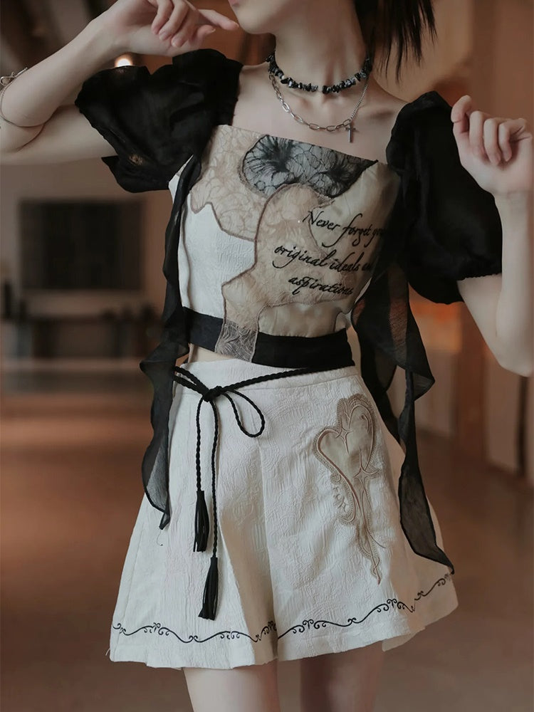 European-style Lace Embroidery Top & Pleat Skirt